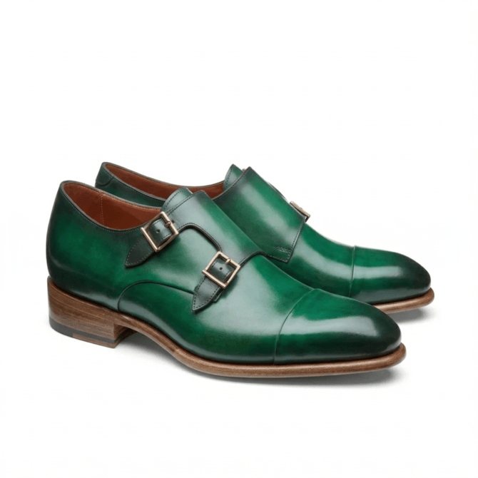 Green double monk strap leather formal shoes for men side view polished finish