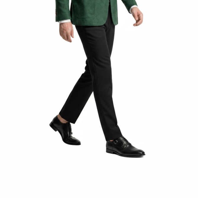Dynamic lifestyle shot of men's black leather Oxford shoes in motion.