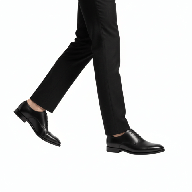 Side view of a person walking in black wholecut Oxford shoes and tailored black trousers.
