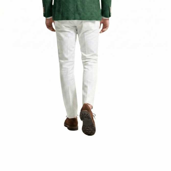 Brown suede derby shoes paired with smart casual white pants