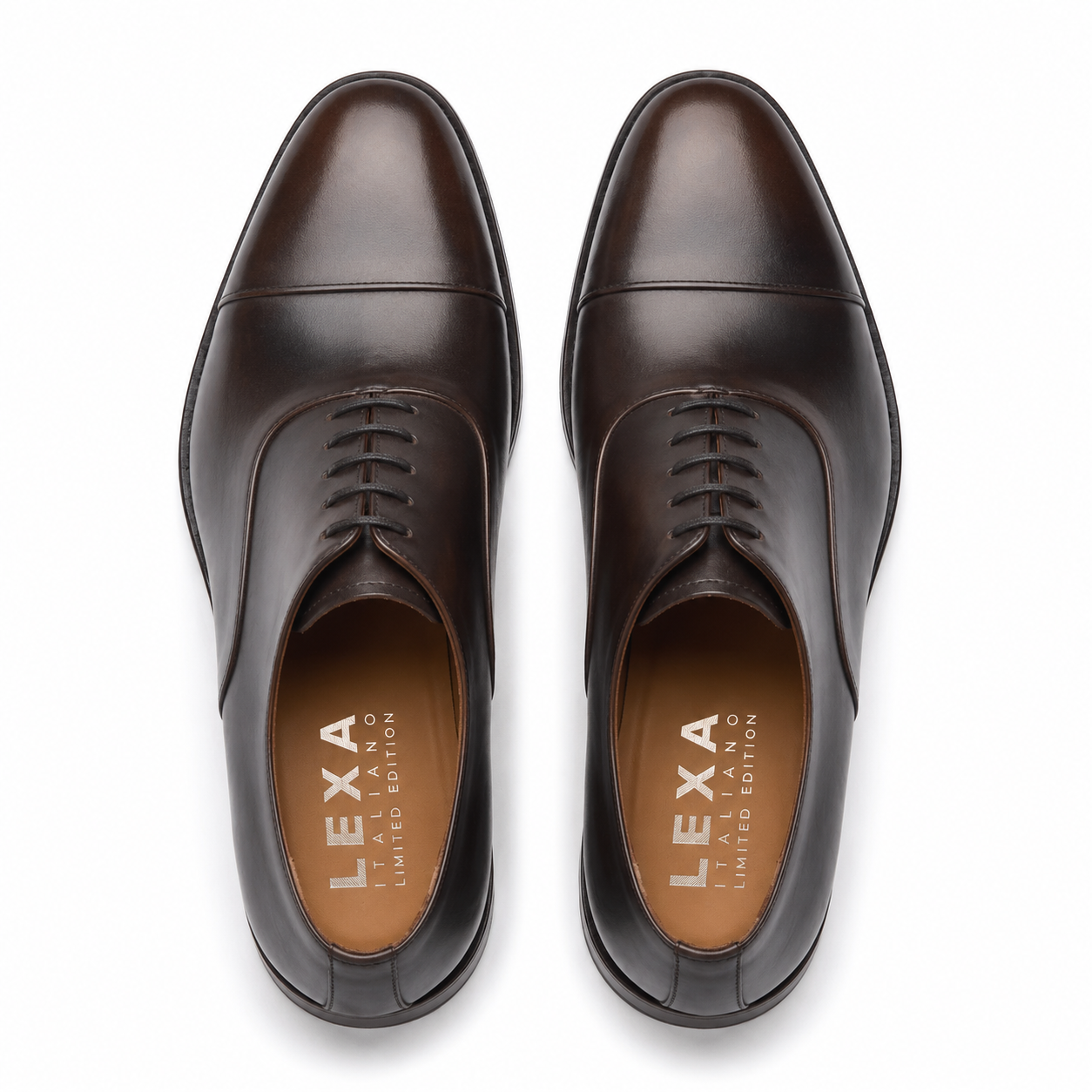 Brown leather Oxford shoes for men shown from the top