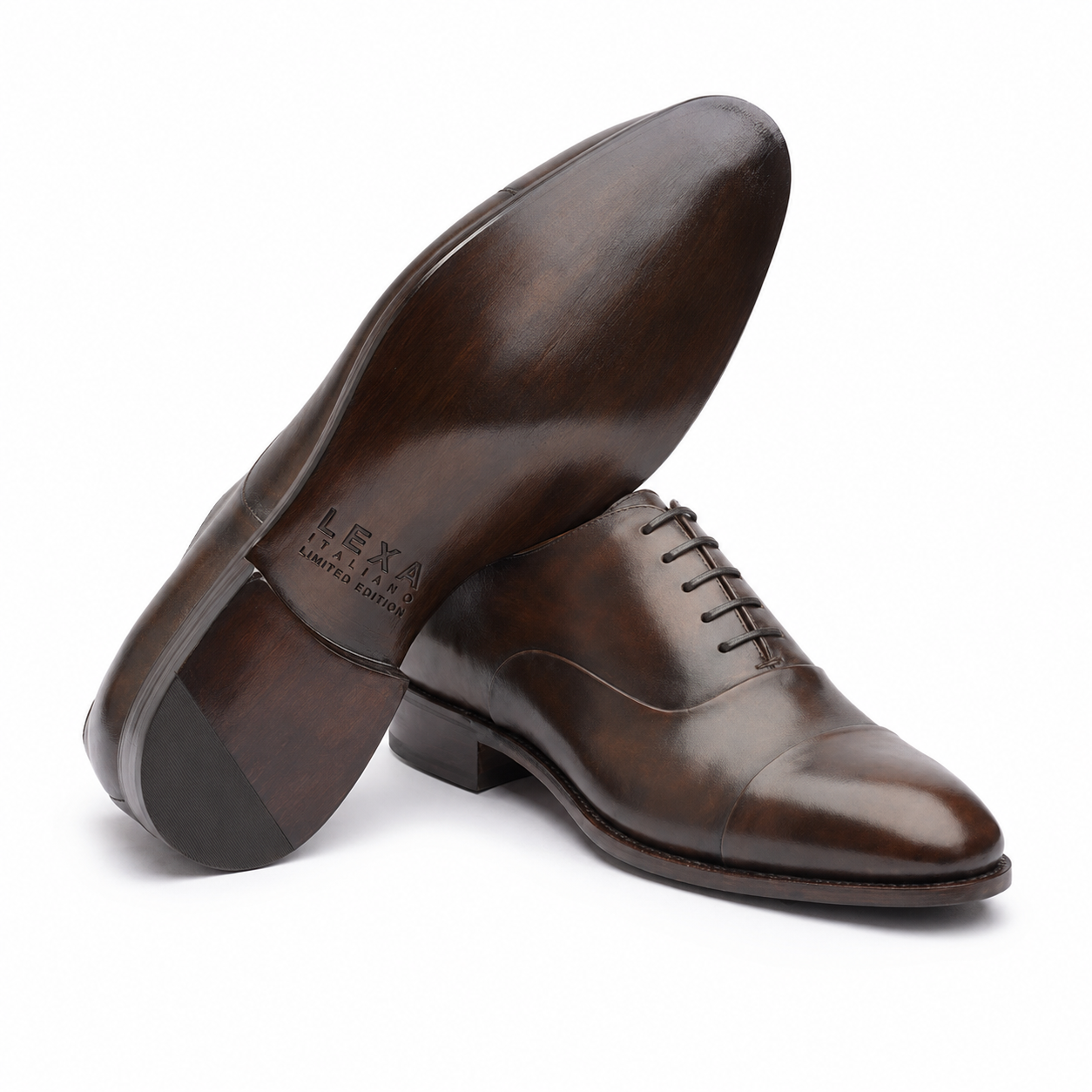 Brown leather Oxford shoe showing the sole and side profile