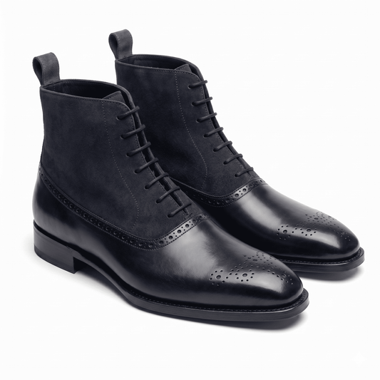 Midnight Navy Leather Brogue Boots for men angled side view