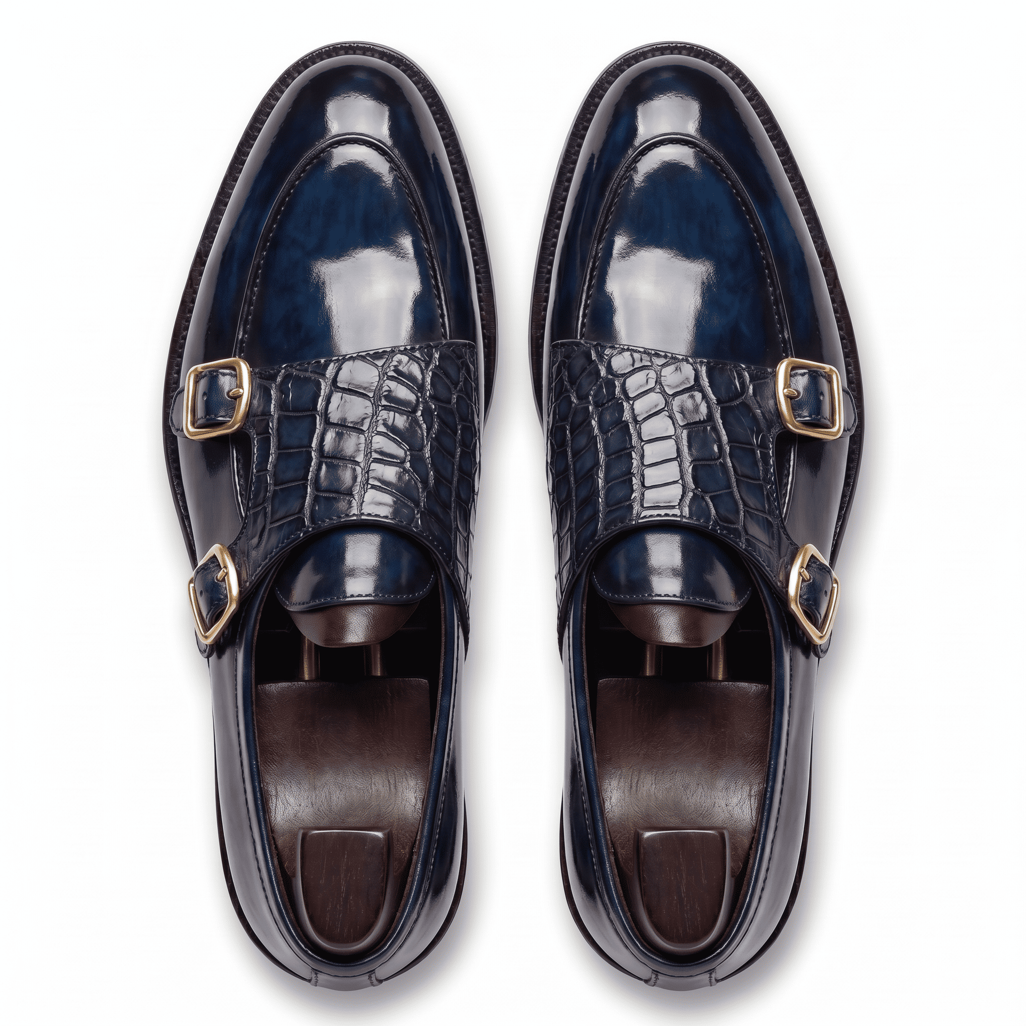 Top view of mens navy croco leather double monk strap shoes showing buckle straps
