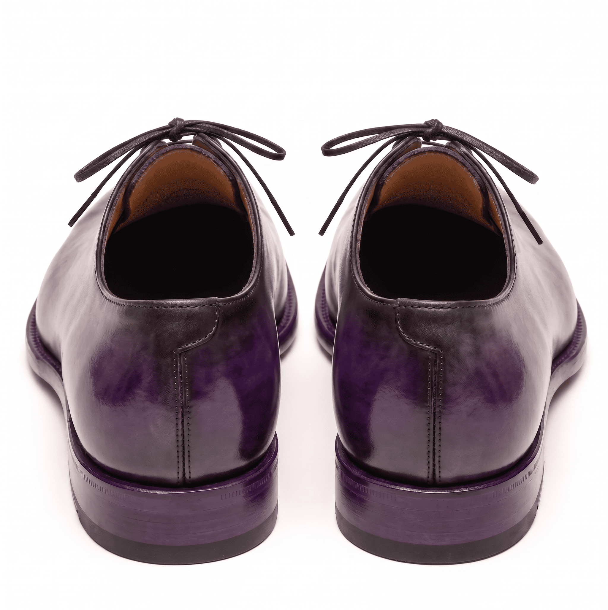 Rear view of purple patina Oxford leather shoes pair