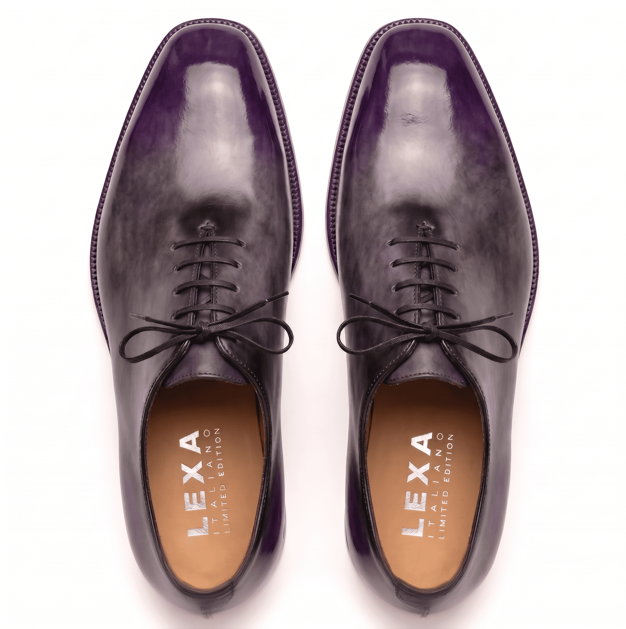 Top view of purple patina Oxford dress shoes for men