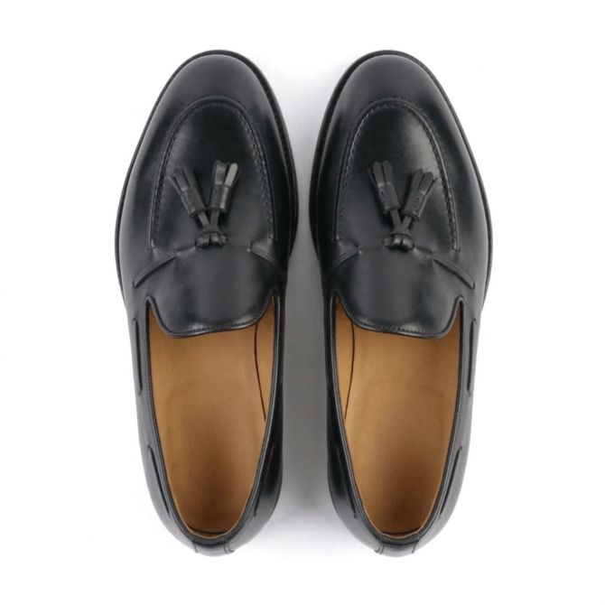 top view black leather tassel loafers men classic design