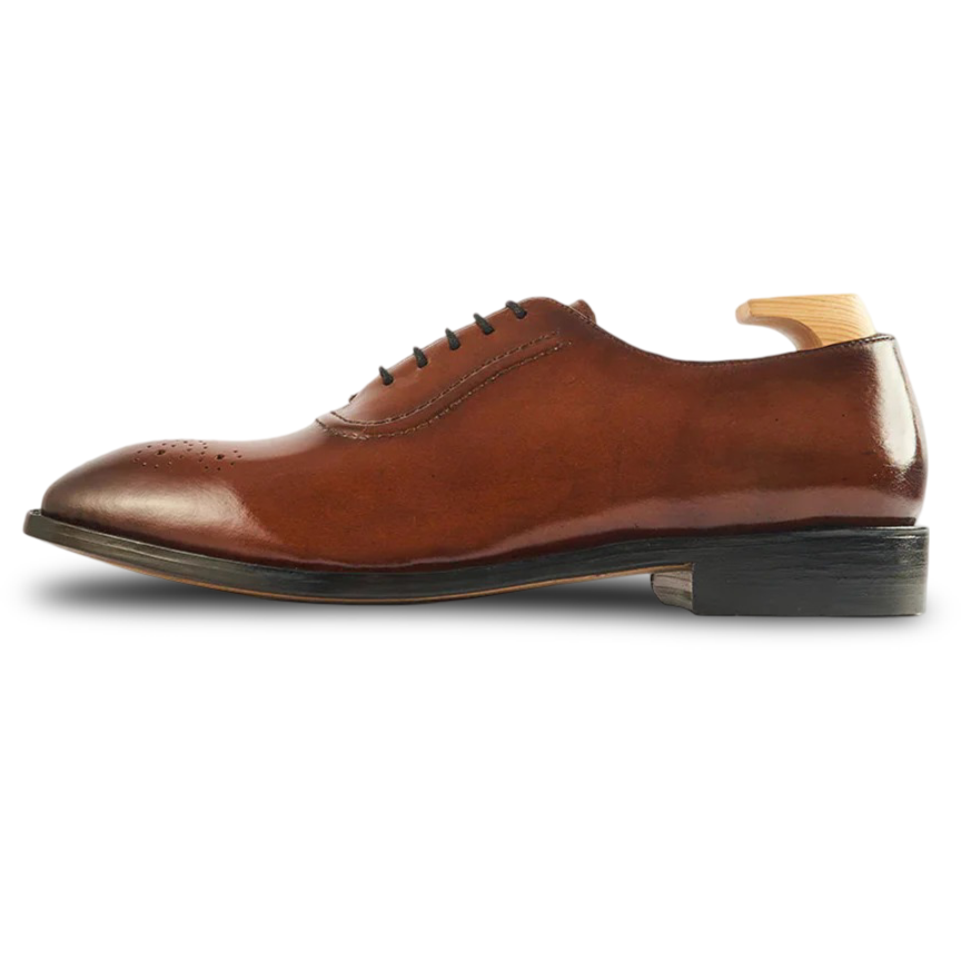 Top view of Belfast tan Oxford formal shoes highlighting smooth leather finish