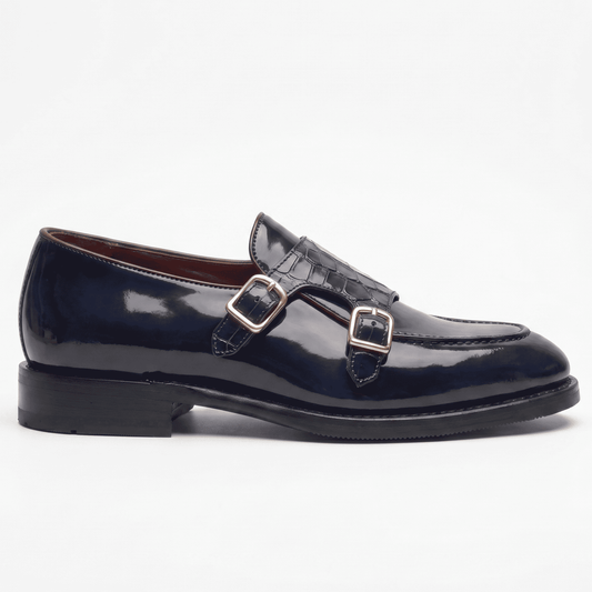 Navy Croc Double Monk Strap Leather Shoes
