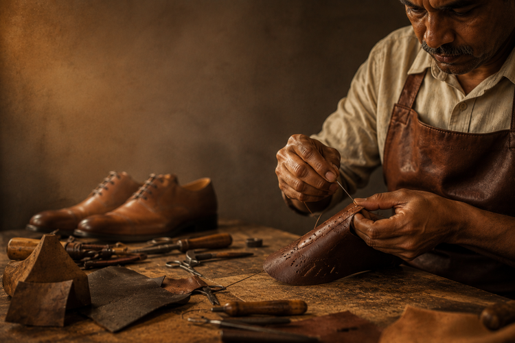 Artisan hand-stitching a leather shoe