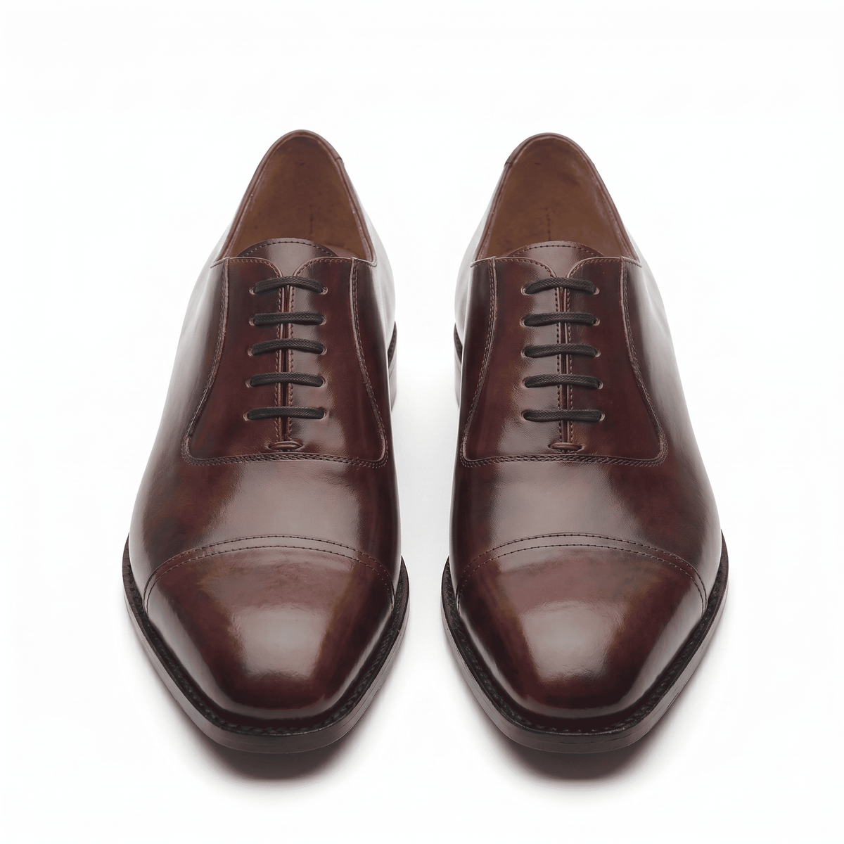 Front top view of burgundy brown leather Oxford shoes for men