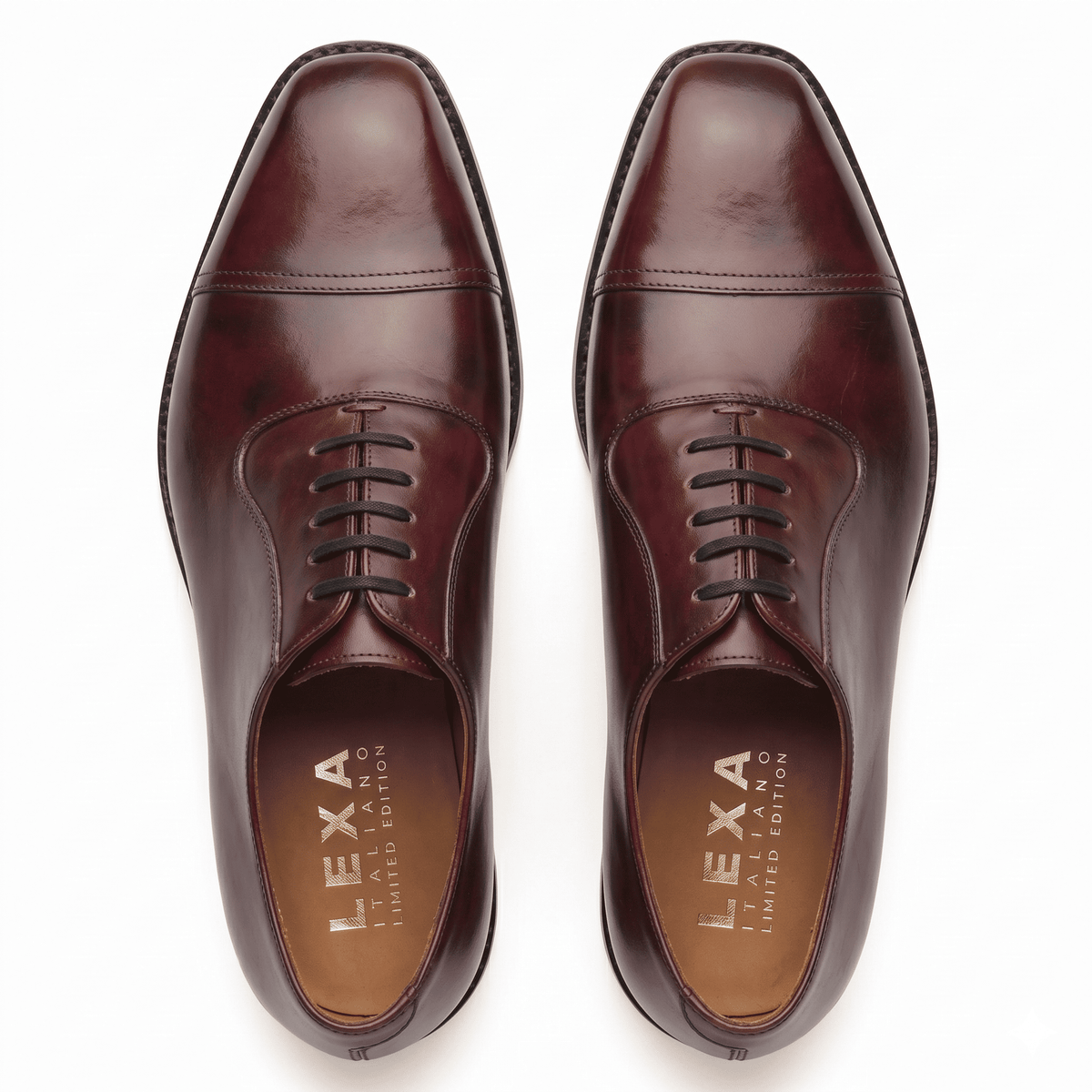 Top view of burgundy brown leather Oxford shoes for men