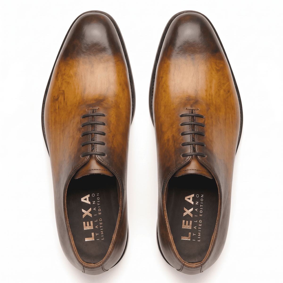Top view of brown leather lace-up dress shoes