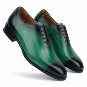 Green leather lace-up dress shoes three-quarter view