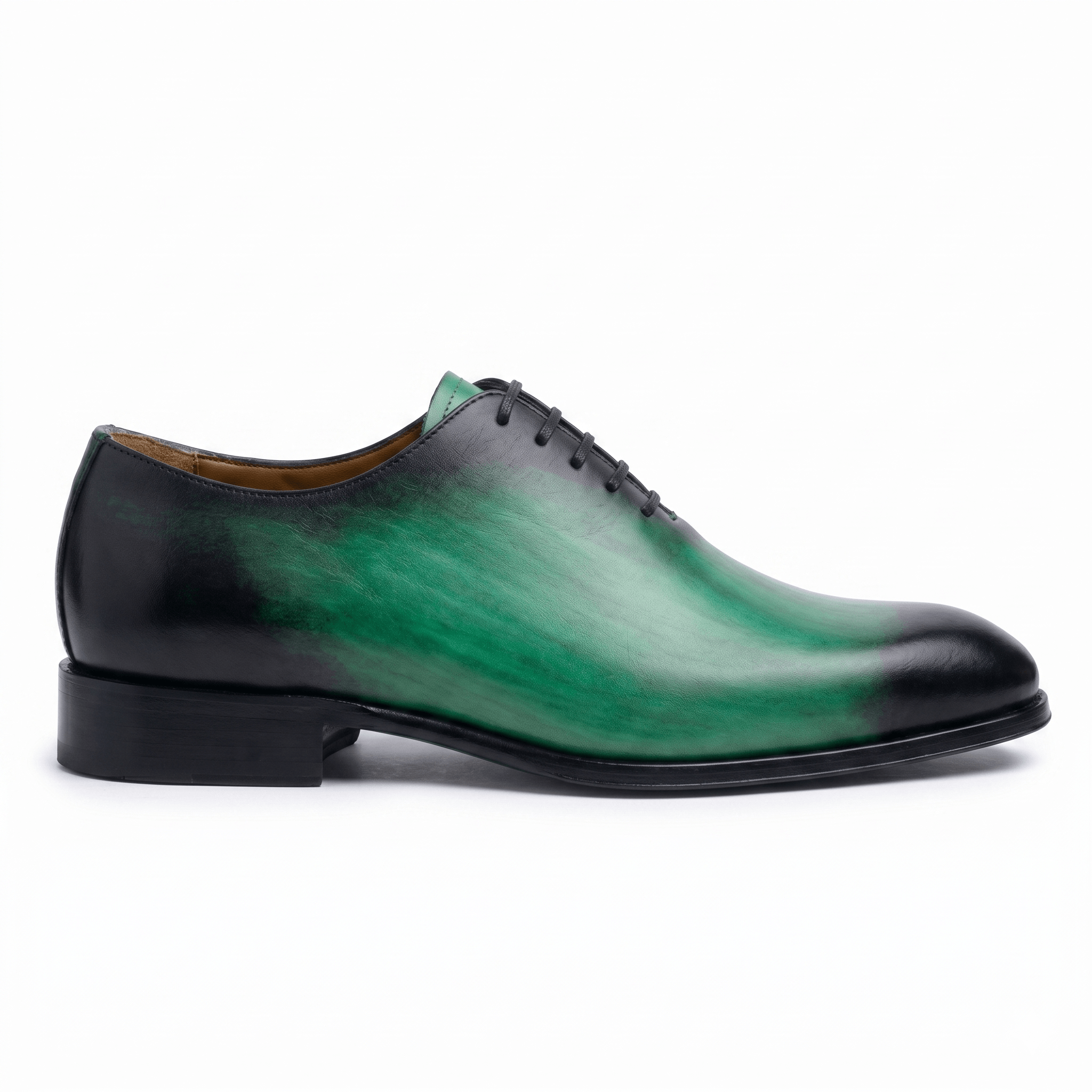Side profile of green leather lace-up dress shoe