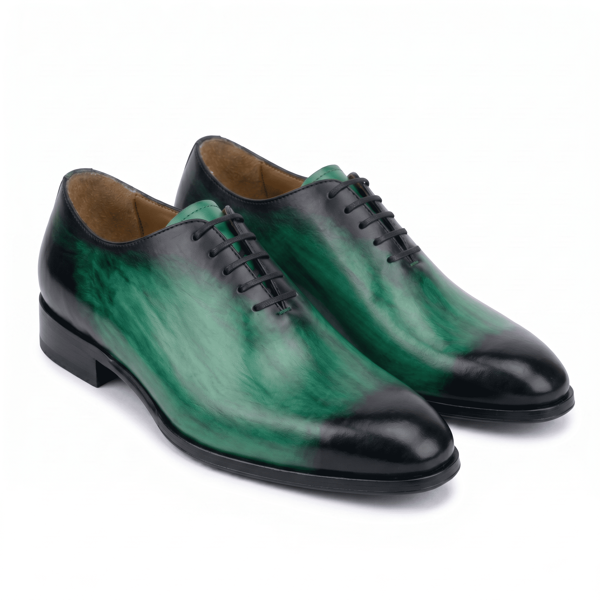 Green leather lace-up dress shoes with handcrafted finish