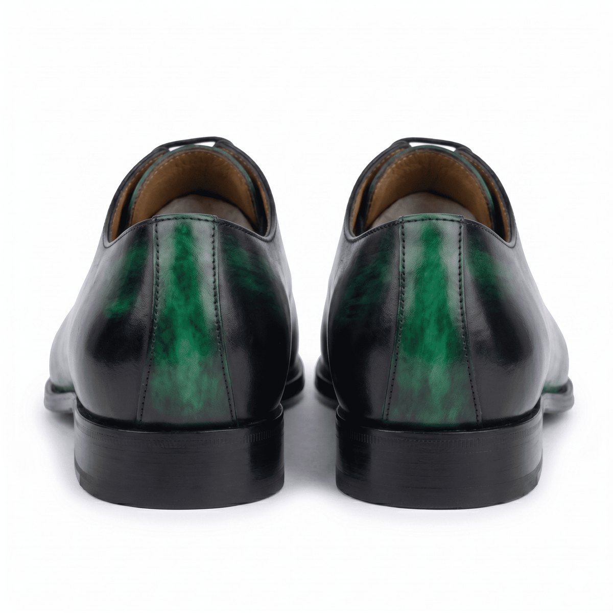 Back view of green leather lace-up dress shoes