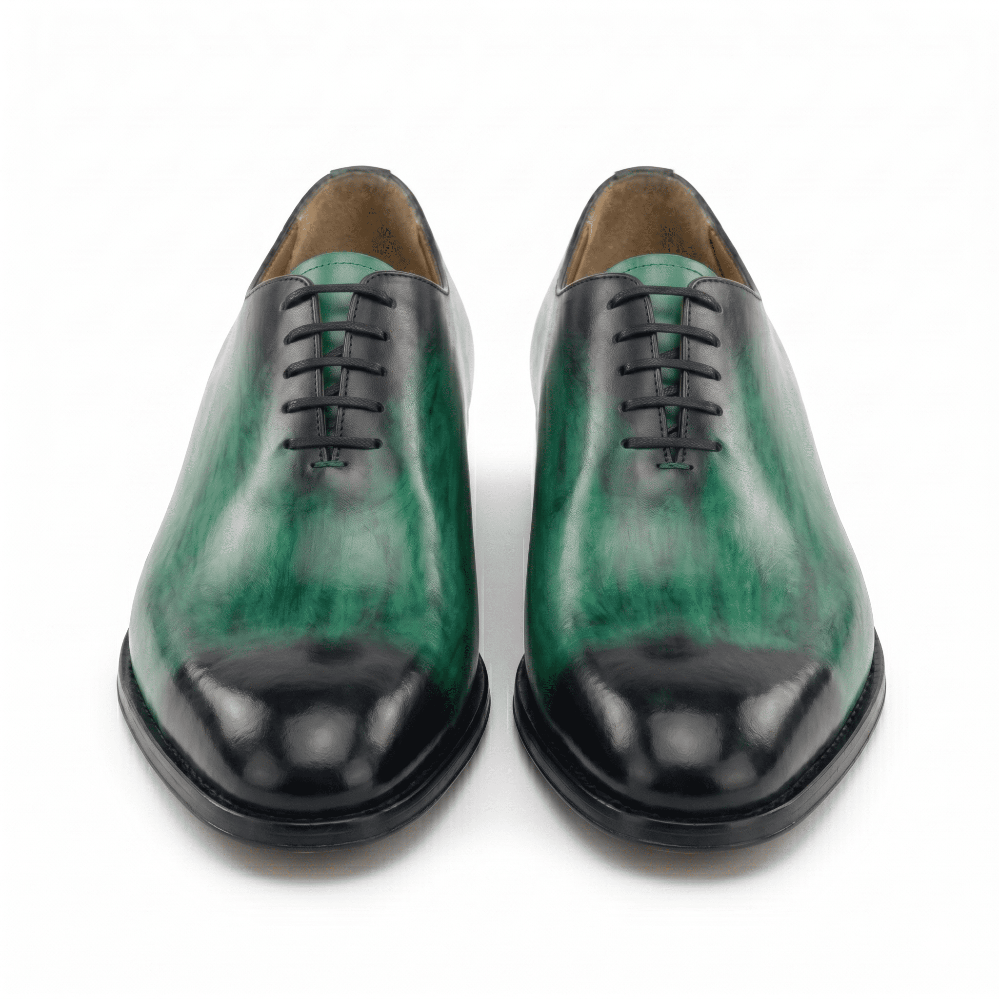 Front view of green leather lace-up dress shoes