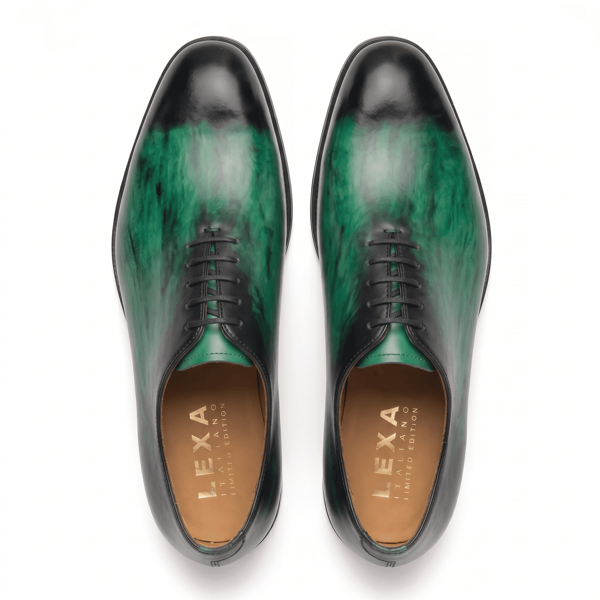 Top view of green leather lace-up dress shoes