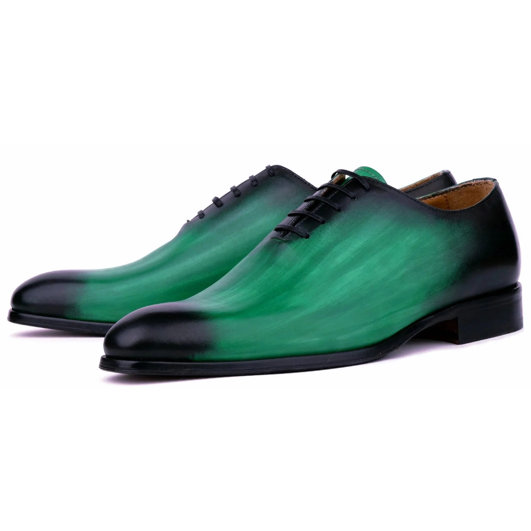 men’s wholecut oxford shoes in green patina leather