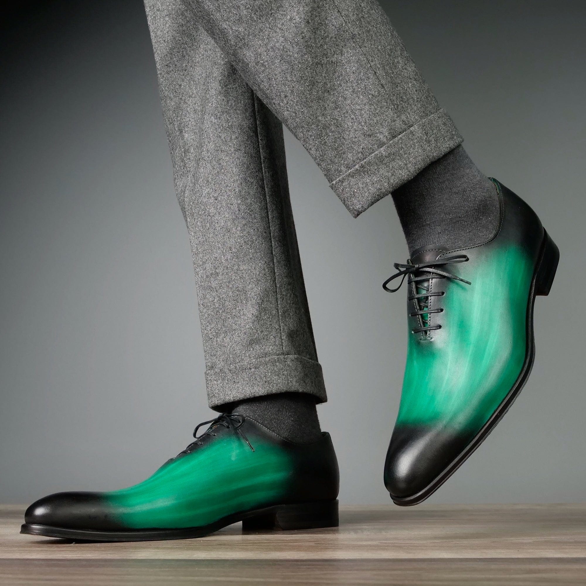 green patina leather oxford shoes close up detail