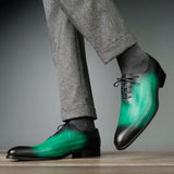 green patina leather oxford shoes close up detail