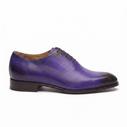 Side profile of purple leather lace-up dress shoe
