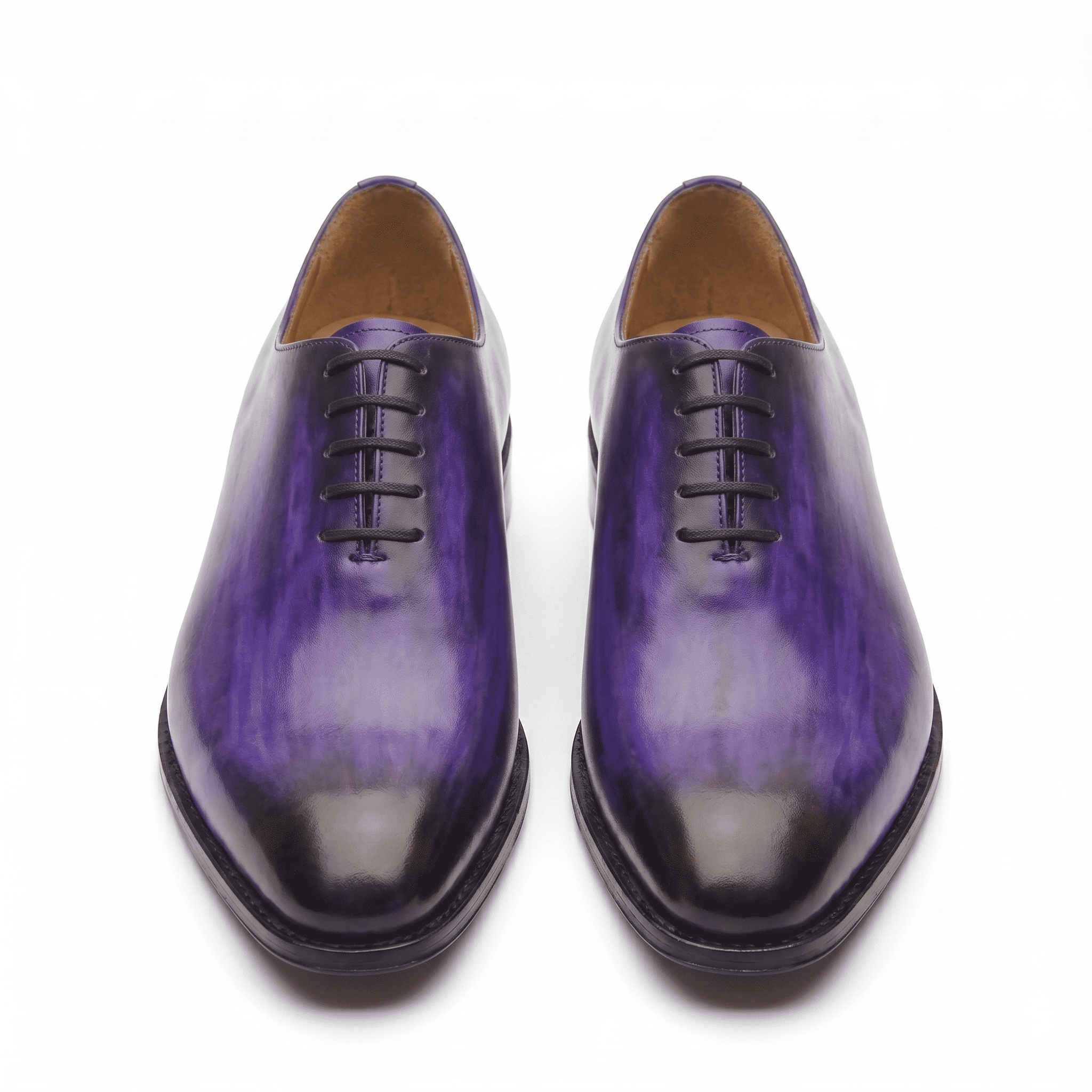 Front view of purple leather lace-up dress shoes