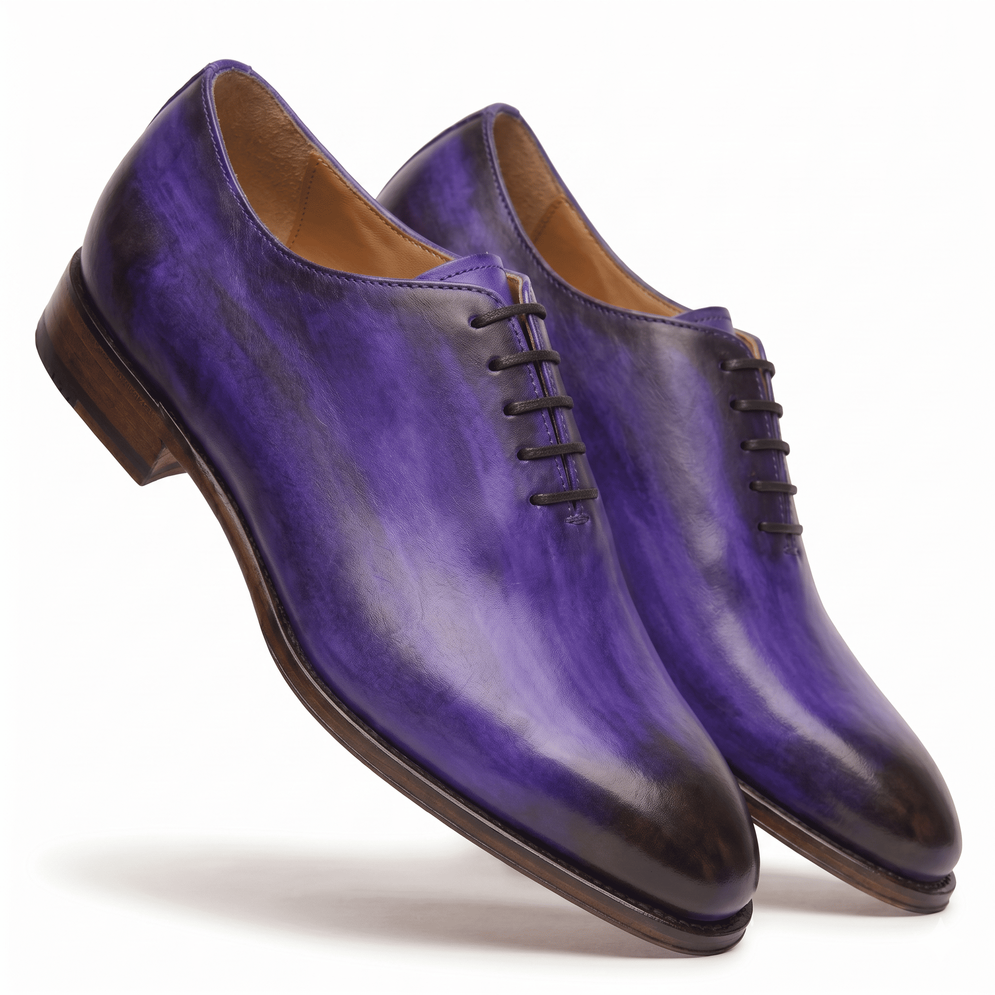 Purple leather lace-up dress shoes three-quarter view