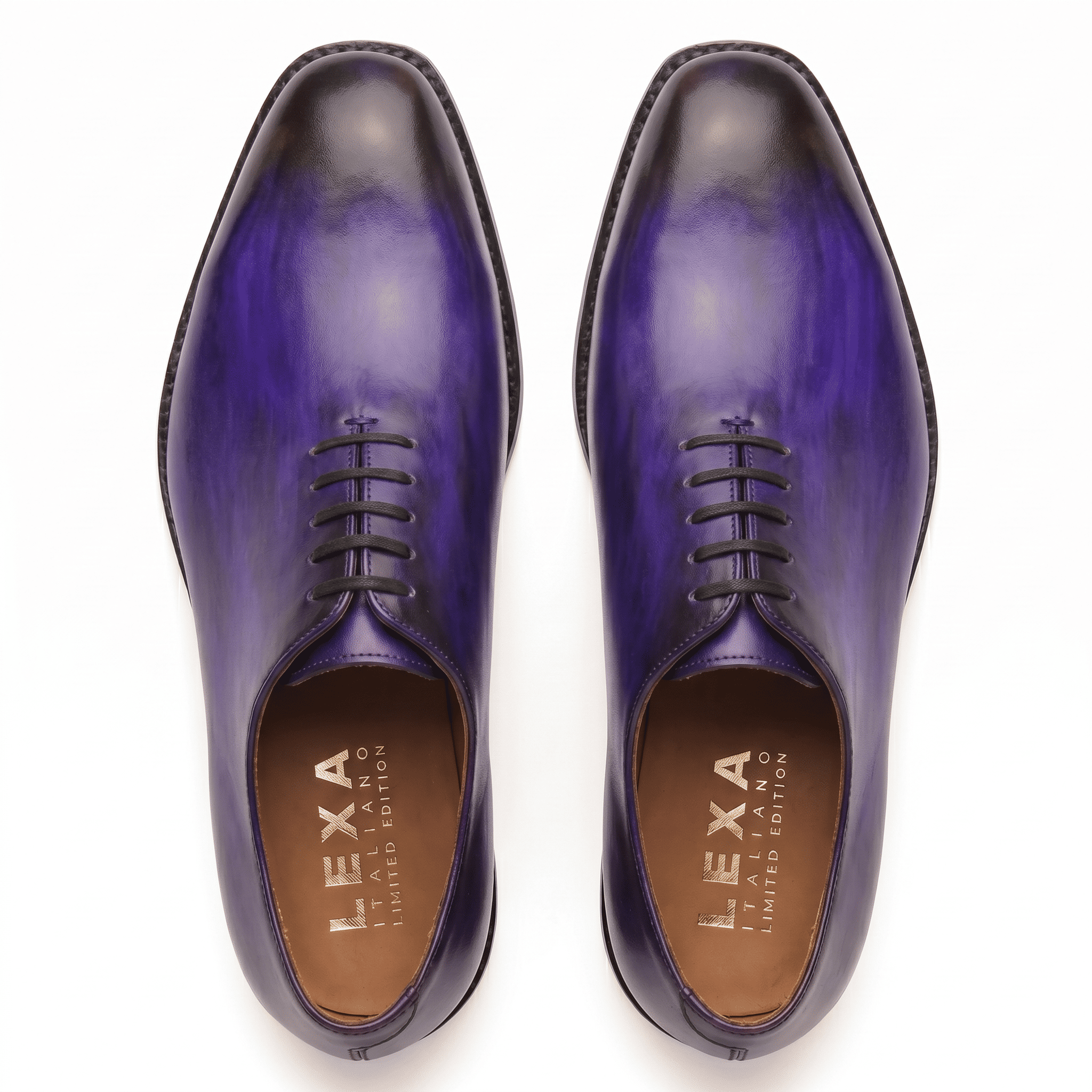 Top view of purple leather lace-up dress shoes
