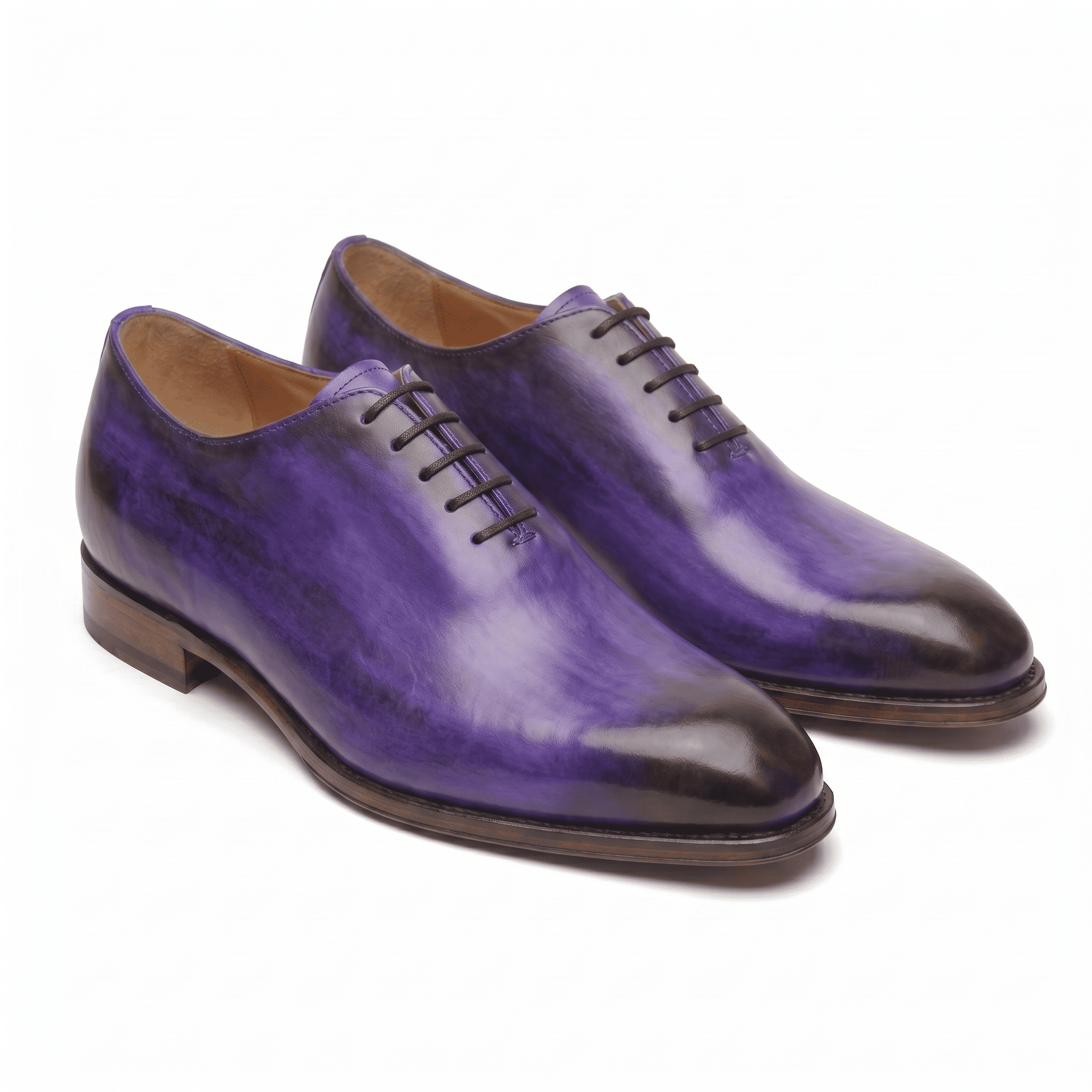 Purple leather lace-up dress shoes with handcrafted finish