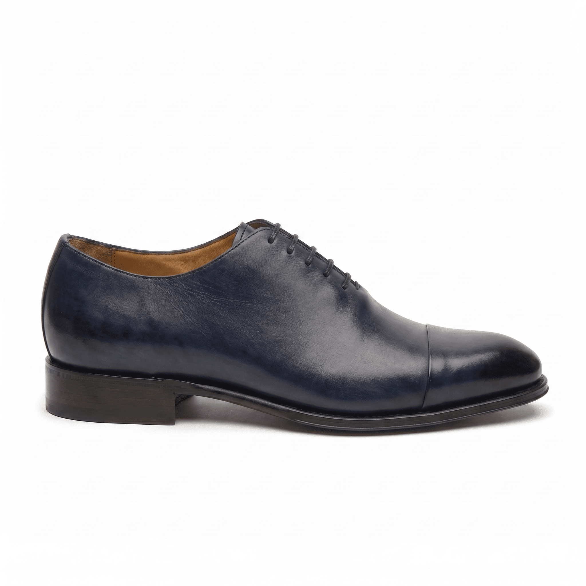 Navy blue leather lace-up dress shoe for men, side profile