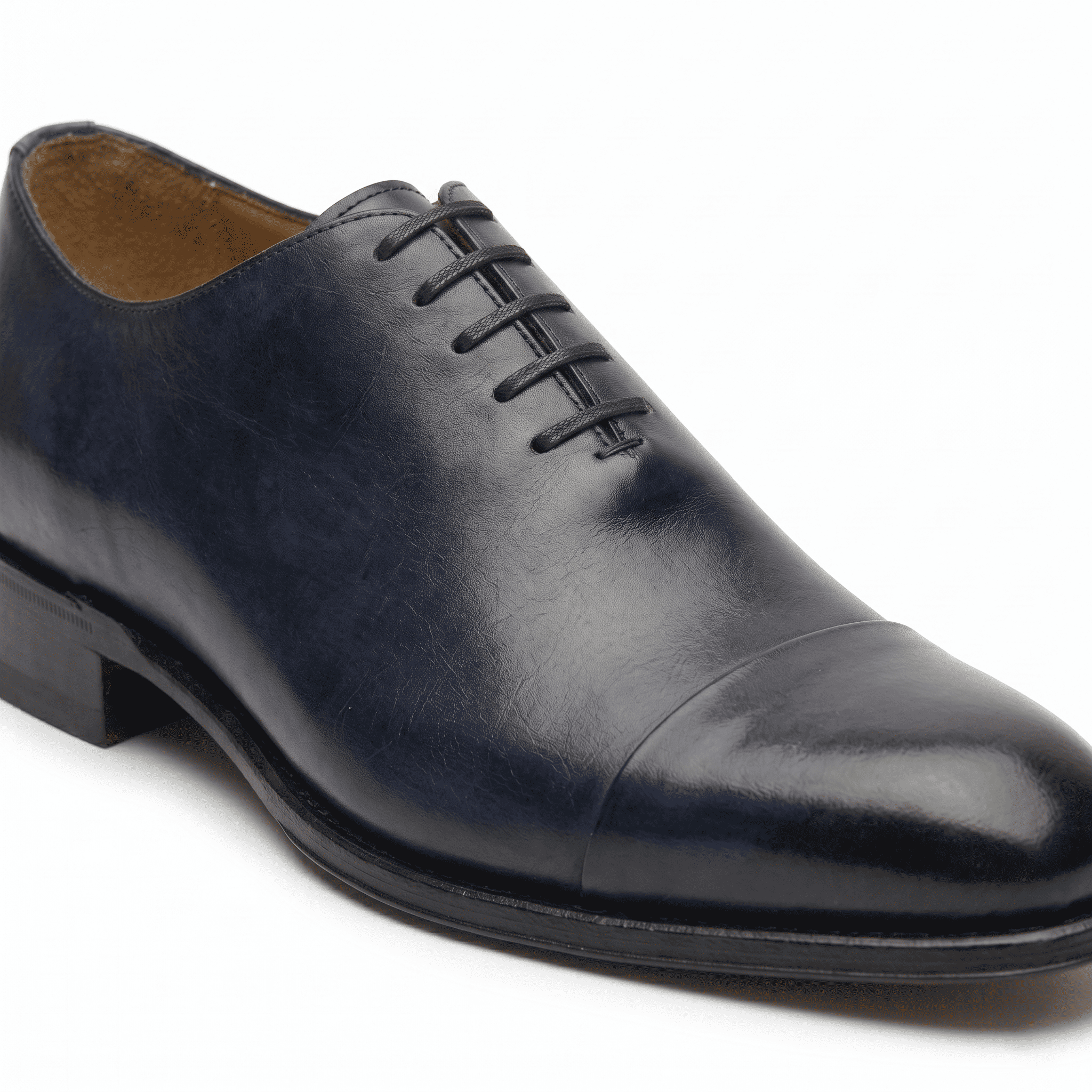 Navy blue leather lace-up dress shoe for men, side angle