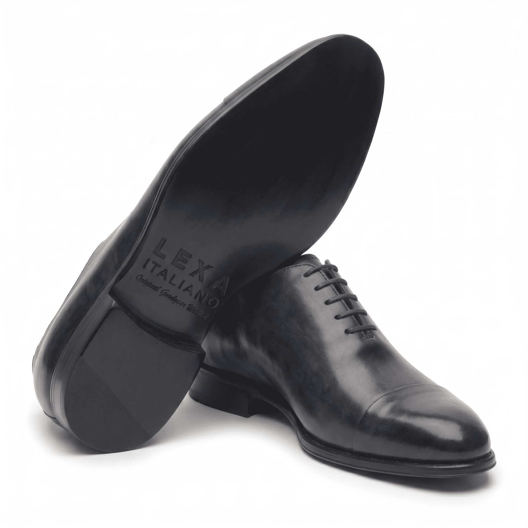 Navy blue leather formal shoe for men, sole and side view