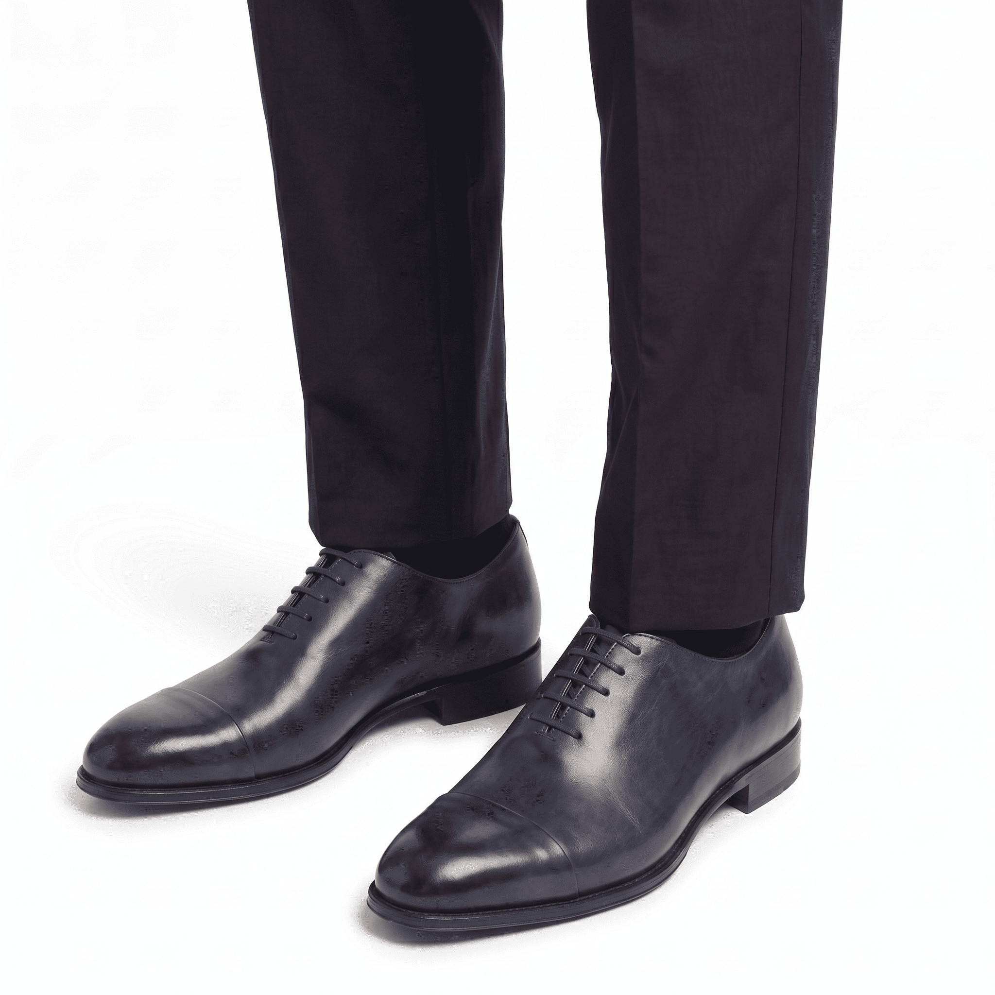 Navy blue leather formal shoes for men worn with trousers