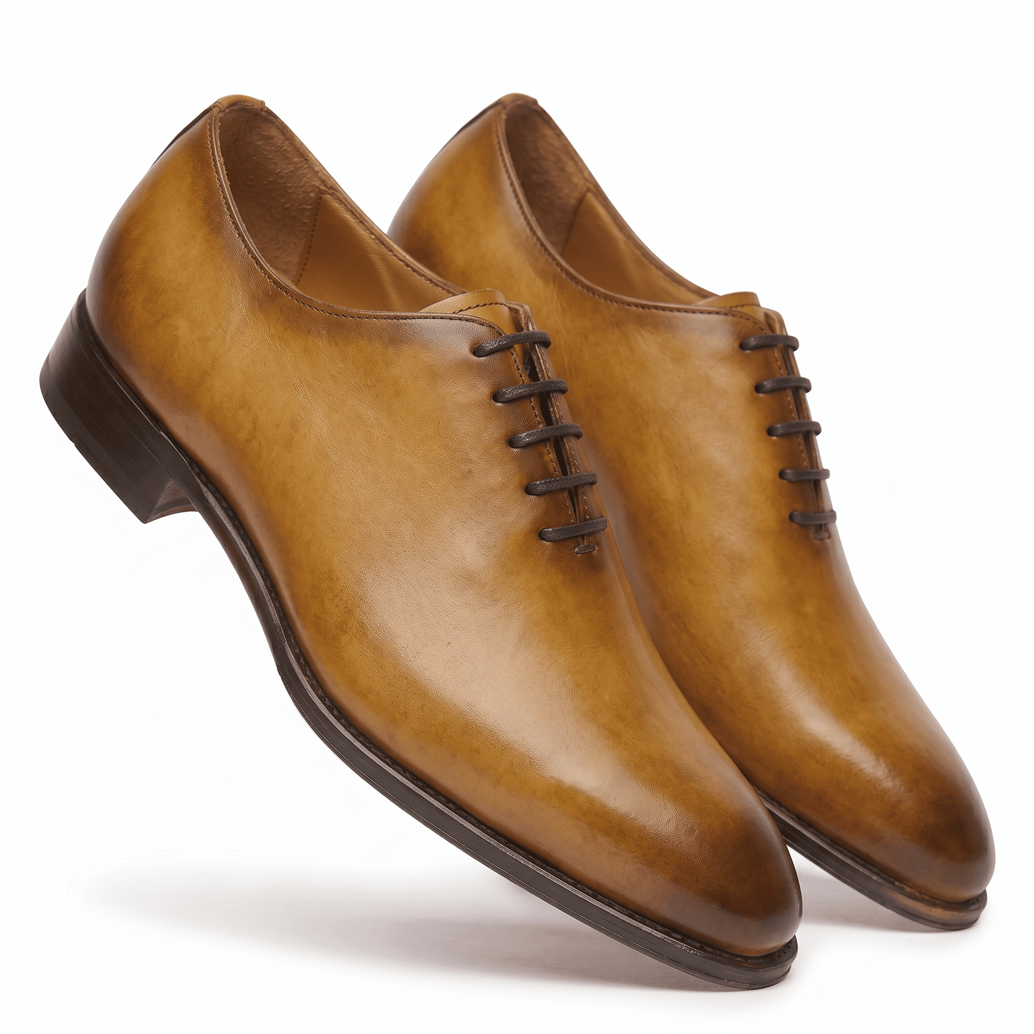 Tan leather lace-up dress shoes three-quarter view