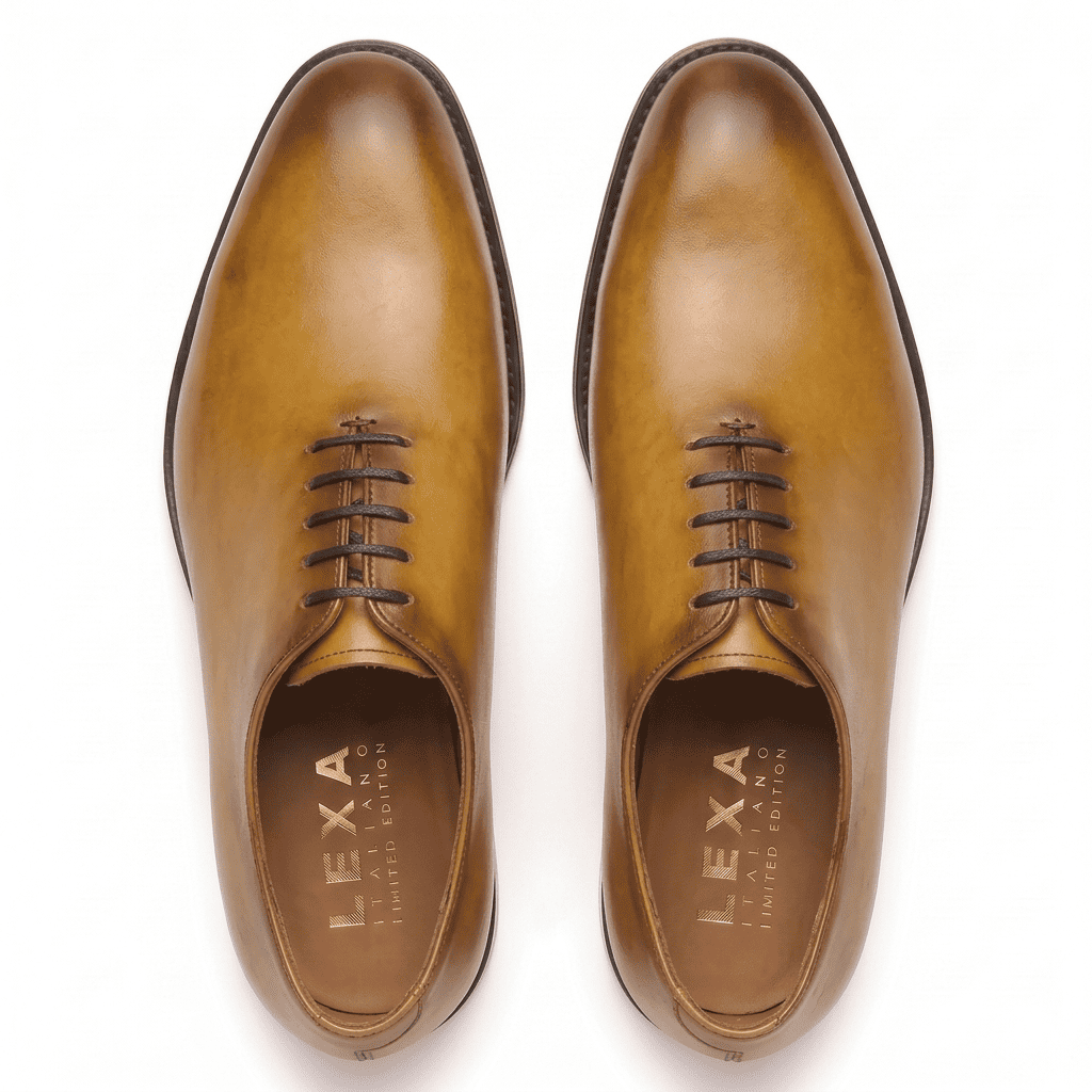 Top view of tan leather lace-up dress shoes