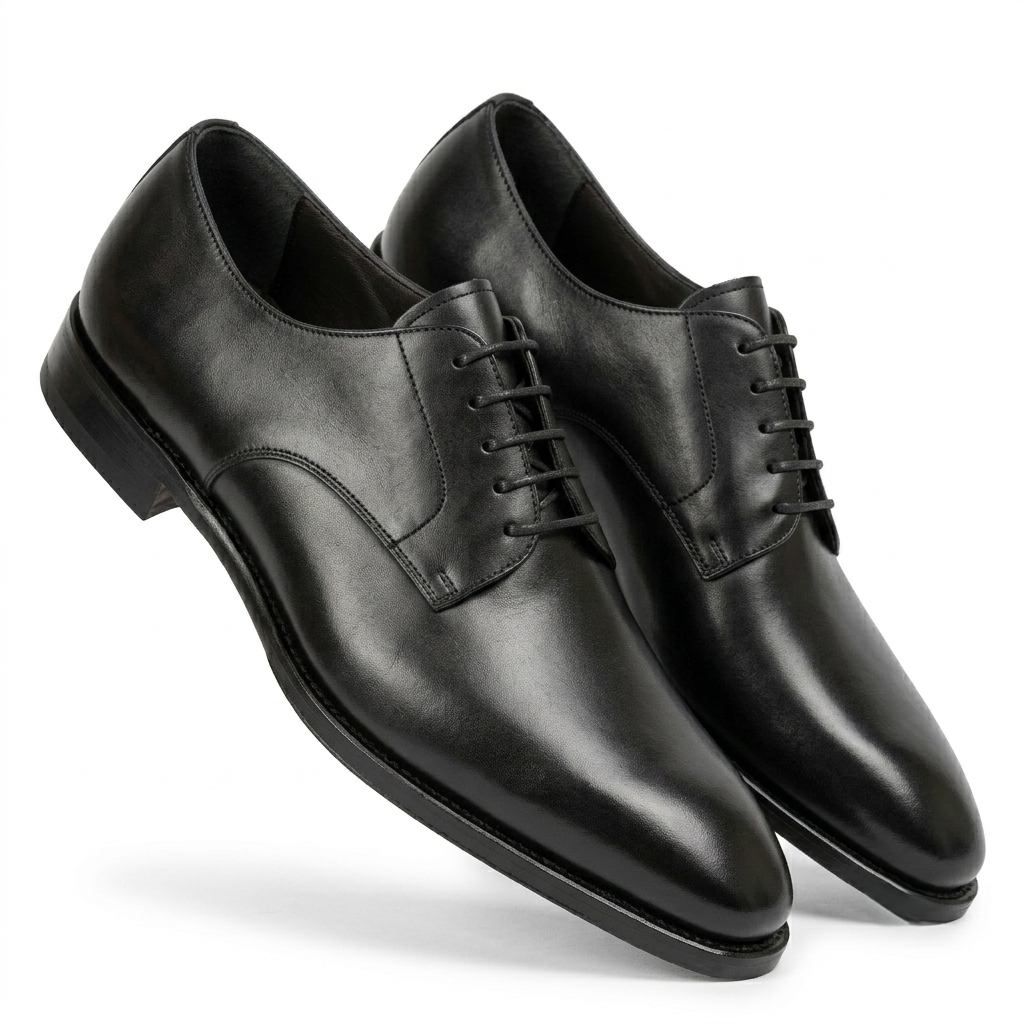 Angled view of black leather Oxford shoes for men