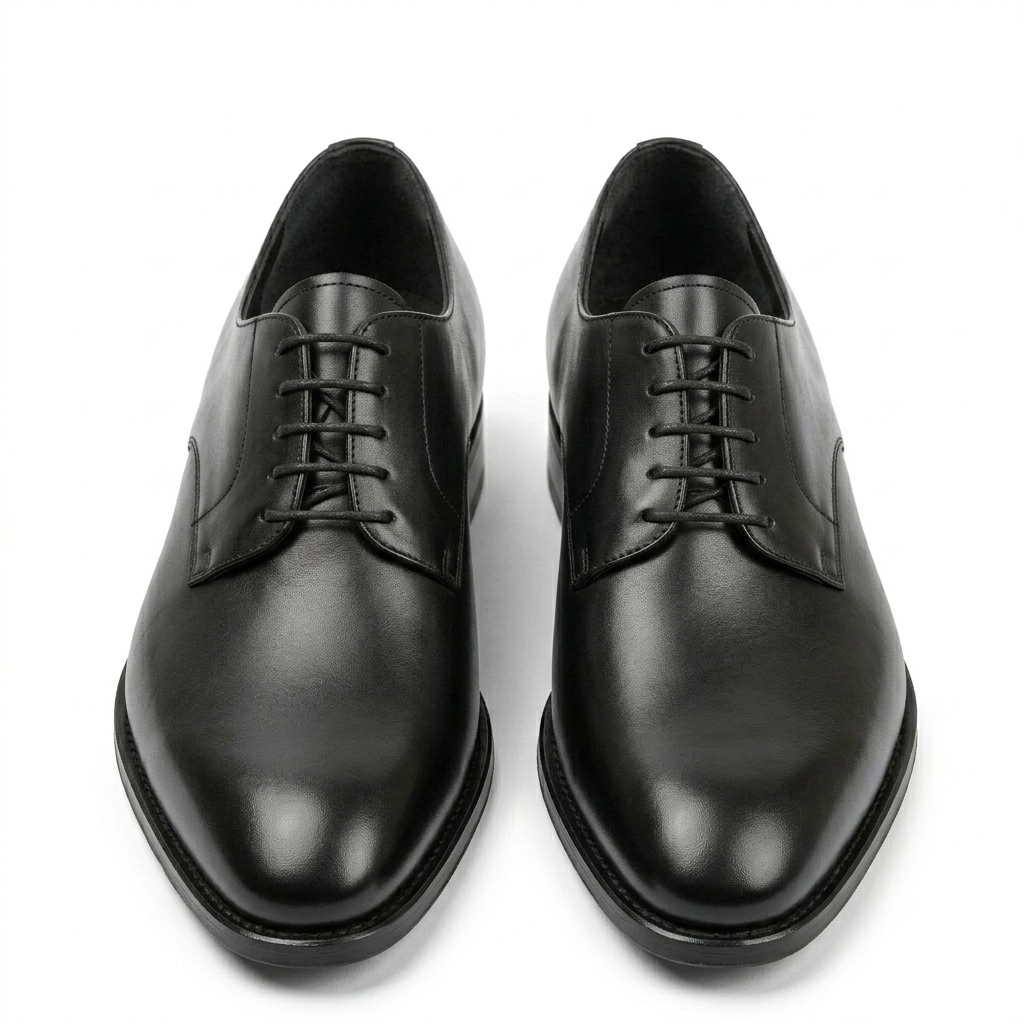 Front view of black leather Oxford shoes for men