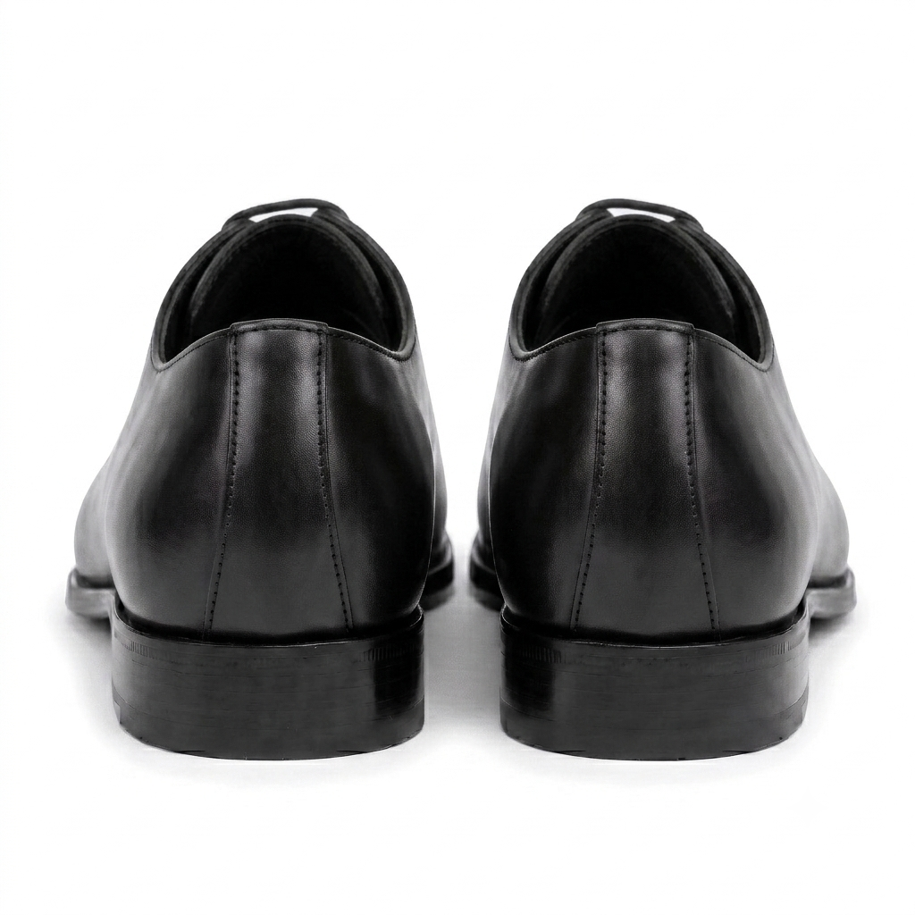 Rear view of black leather Oxford shoes for men
