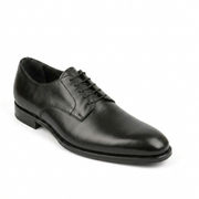 Side view of black leather lace-up Oxford dress shoe
