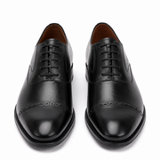 Black leather Oxford shoes front view