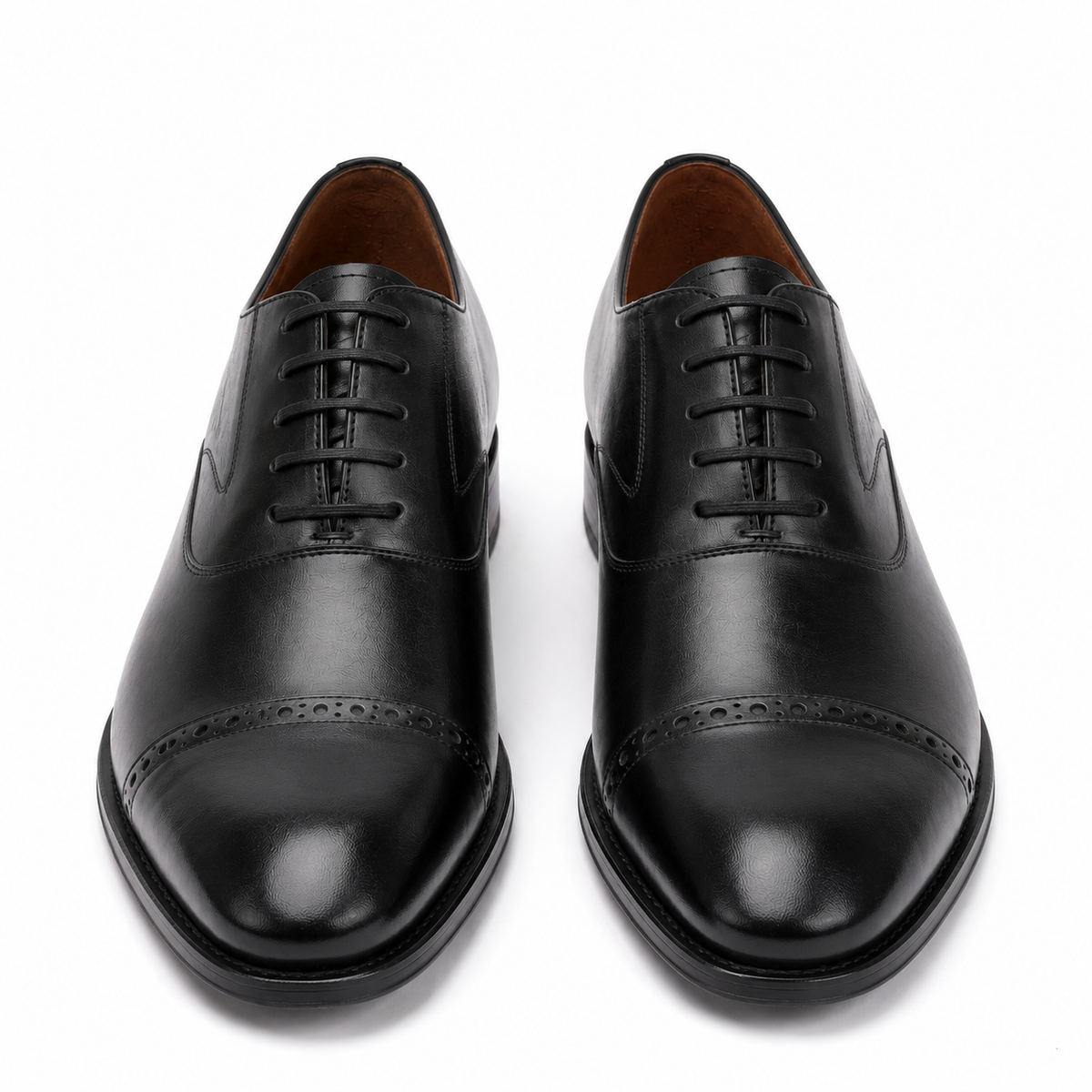 Black leather Oxford shoes front view