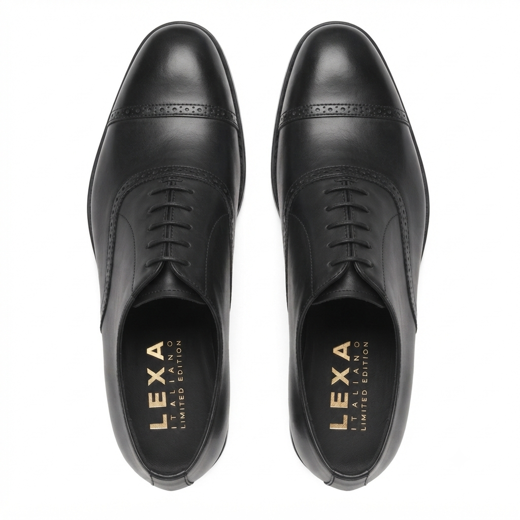 Top view of black leather Oxford shoes for men