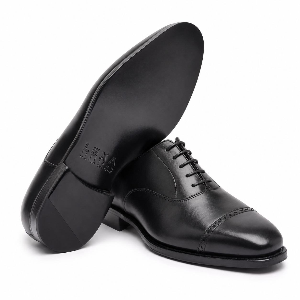 Rear view of black leather Oxford shoes showing the heel design