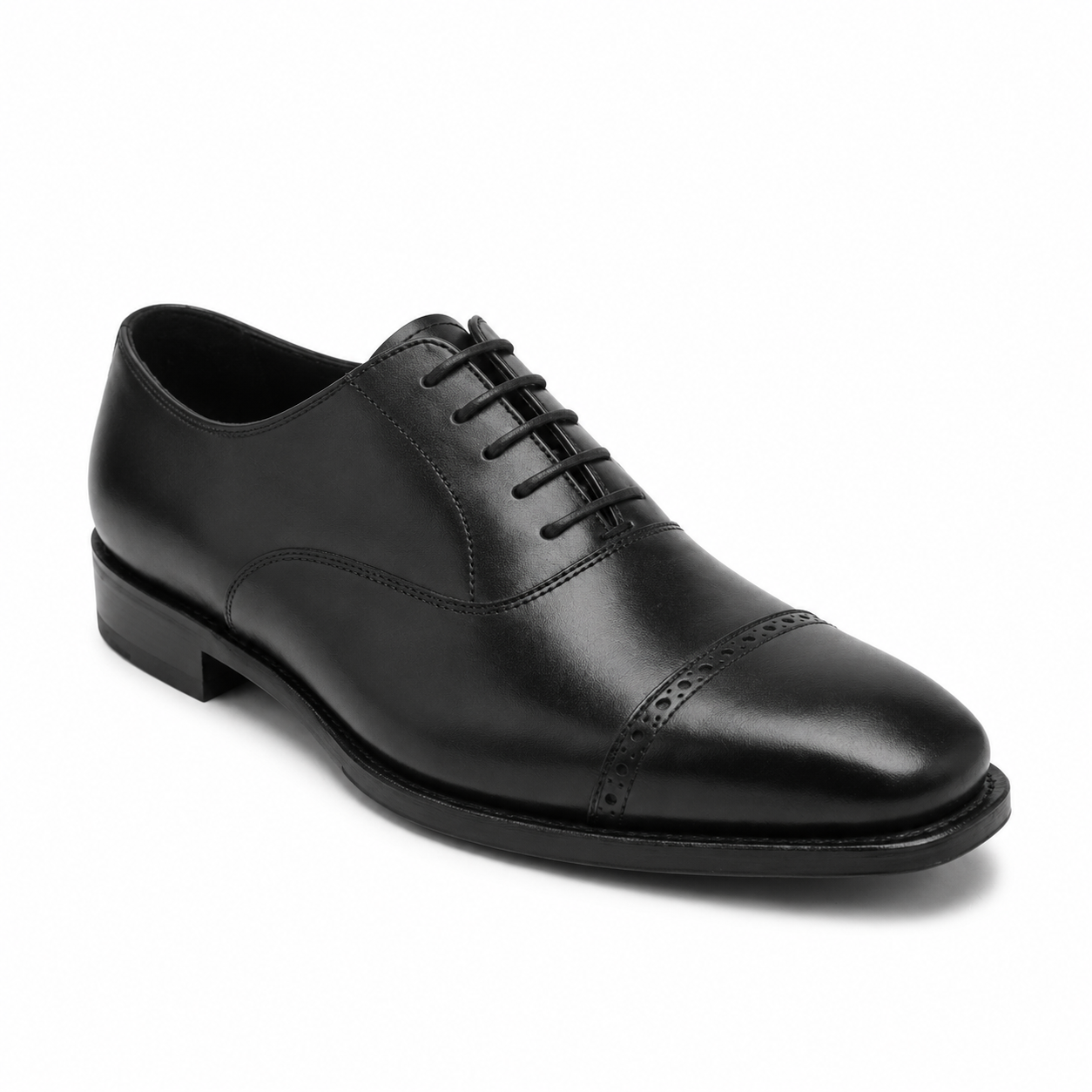 Side angle of polished black leather Oxford formal shoes