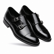 Black Double Monk Strap Leather Shoes for Men