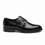Black Double Monk Strap Leather Shoes for Men