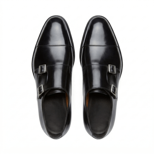 Black Double Monk Strap Leather Shoes for Men