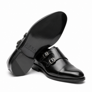 Black Double Monk Strap Leather Shoes for Men